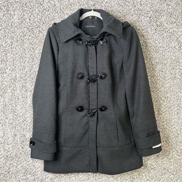 Calvin Klein Coat Women’s Medium Dark Charcoal Gray Pea Coat w/ Detachable Hood - Picture 1 of 9